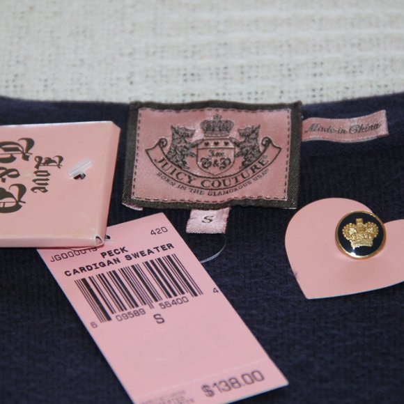 JUICY COUTURE Navy Blue Cotton Cashmere Cardigan Sweater Crown Button Front Sz S - Picture 8 of 8